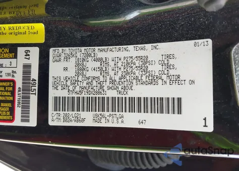 2013 Toyota Tundra Platinum 5.7L V8 z USA, uszkodzony, nr VIN 5TFHW5F19DX288631